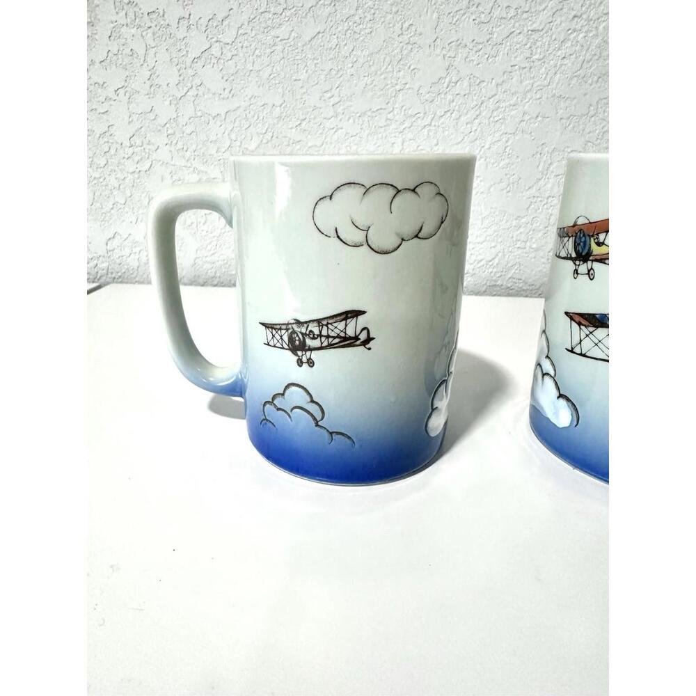 Vintage Otagiri Coffee Mugs Ceramic Biplane Design Clouds Collectible Set of 2 - Picture 2 of 9